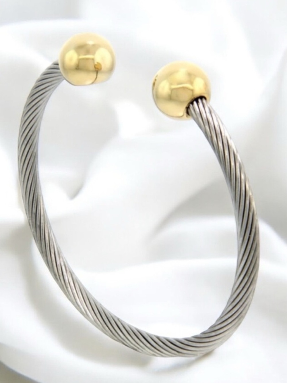 Q-Ray Magnetic Two-Tone Cable Open Bangle Bracelet in Silver and Gold